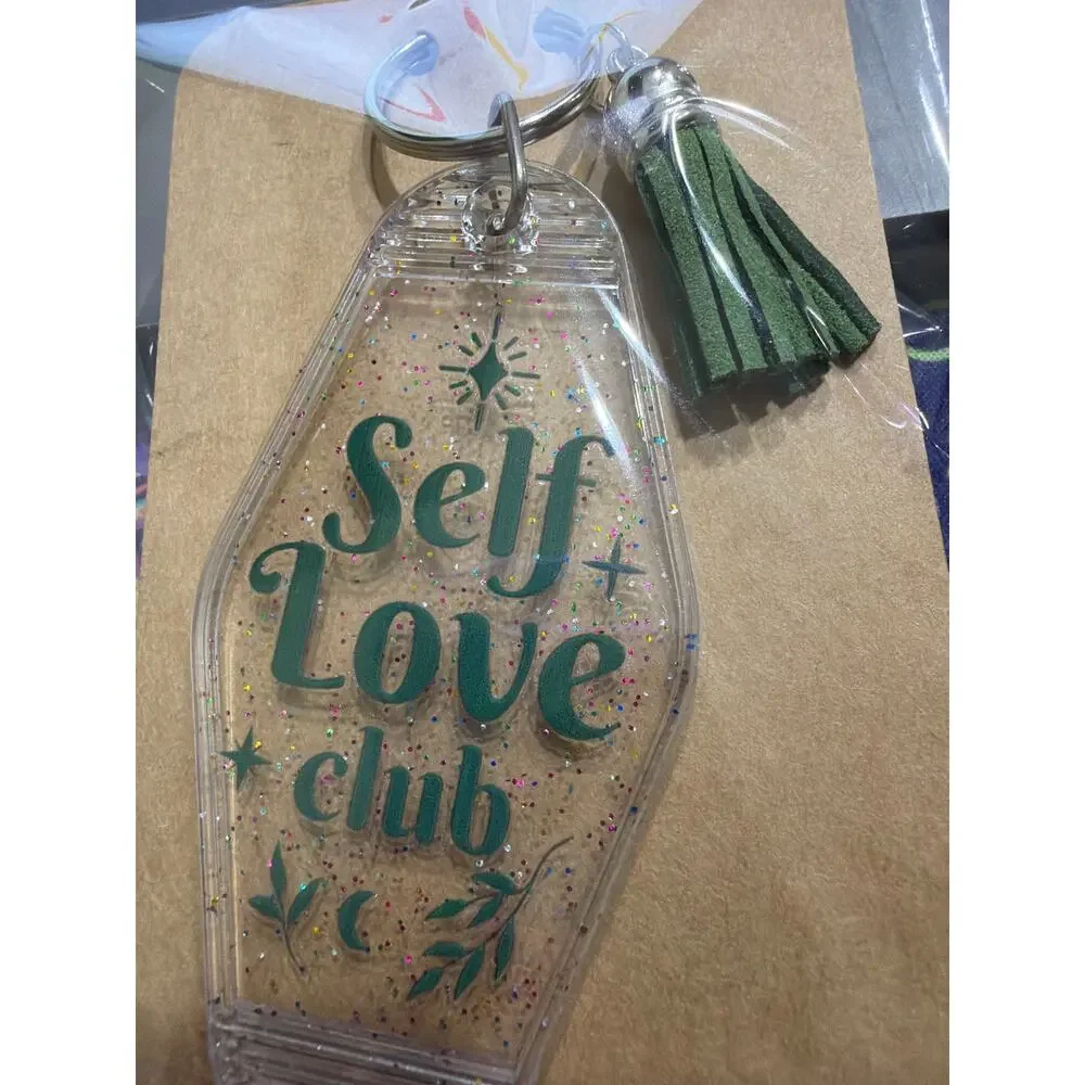 Self Love Club Clear & Green Vintage Hotel Motel Keychain Key Chain Handmade